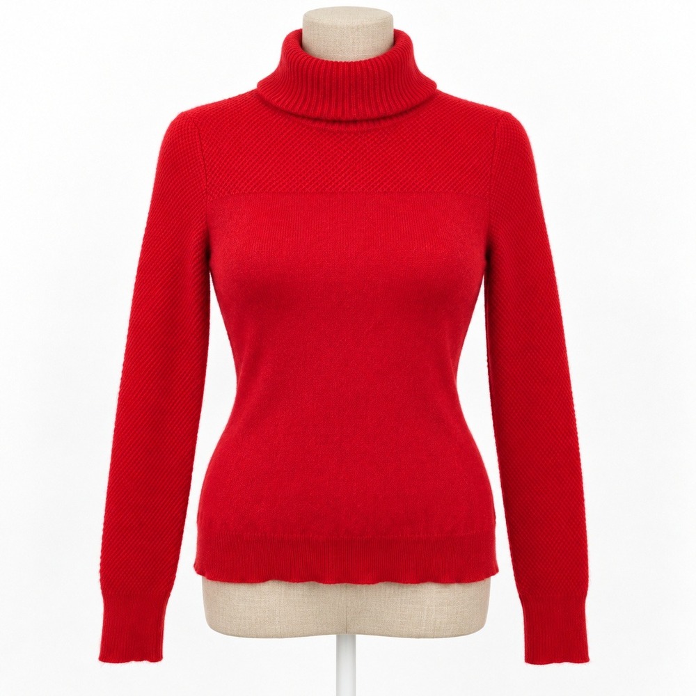 100% Cashmere Ribbed Turtleneck Sweater Womens Large Red Classic Office Luxury